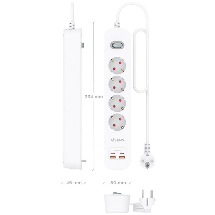 Aisens Regleta ASPS-2A2C12-W con 4 Tomas Schuko, 2 USB-C y 2 USB-A, Blanco Aisens Regleta ASPS-2A2C12-W con 4 Tomas Schuko, 2 USB-C y 2 USB-A, Blanco